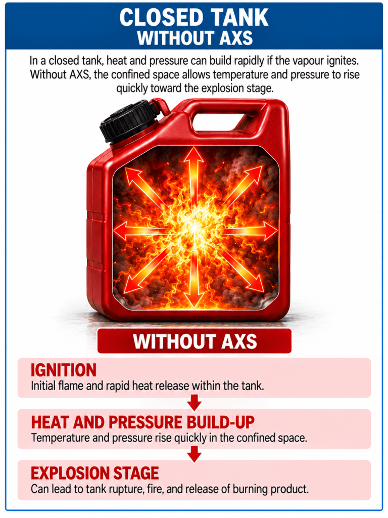 Illustration of a closed fuel tank without AXS showing ignition, heat and pressure build-up toward the explosion stage.