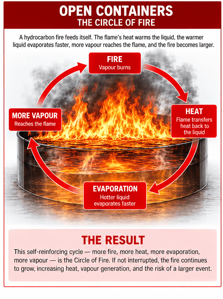 Illustration of the Circle of Fire in an open fuel container: fire, heat, evaporation, and more vapor feeding the flame.