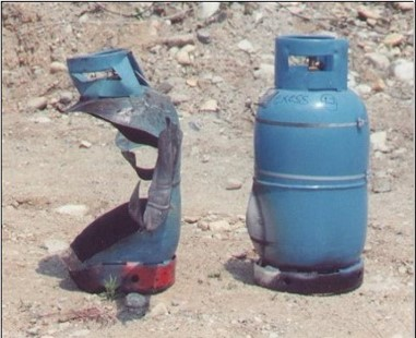 Propane cylinder comparison showing severe fire damage beside an intact AXS-protected cylinder