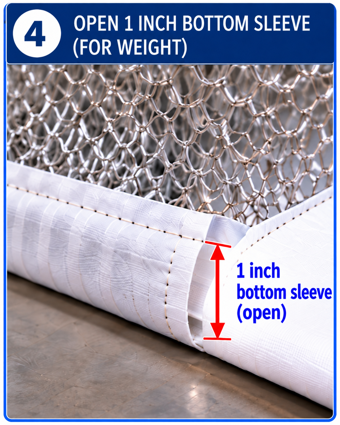 Construction detail 4: open 1 inch bottom sleeve for the bottom weight