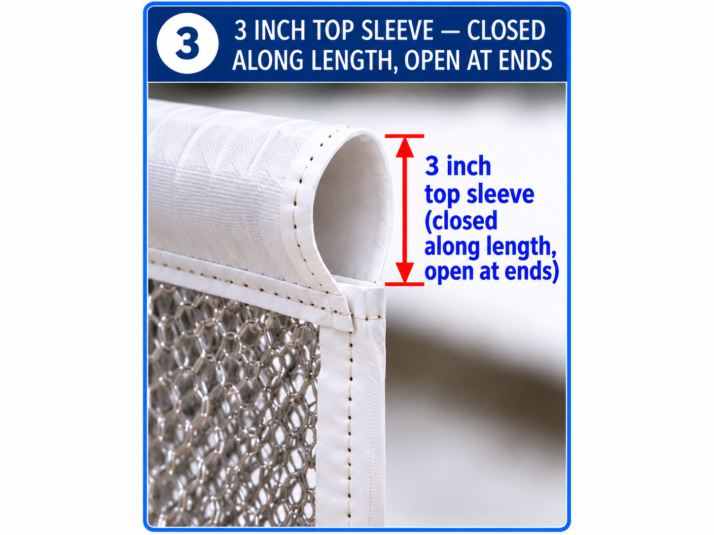 Construction detail 3: 3 inch top sleeve, closed along its length and open at the ends