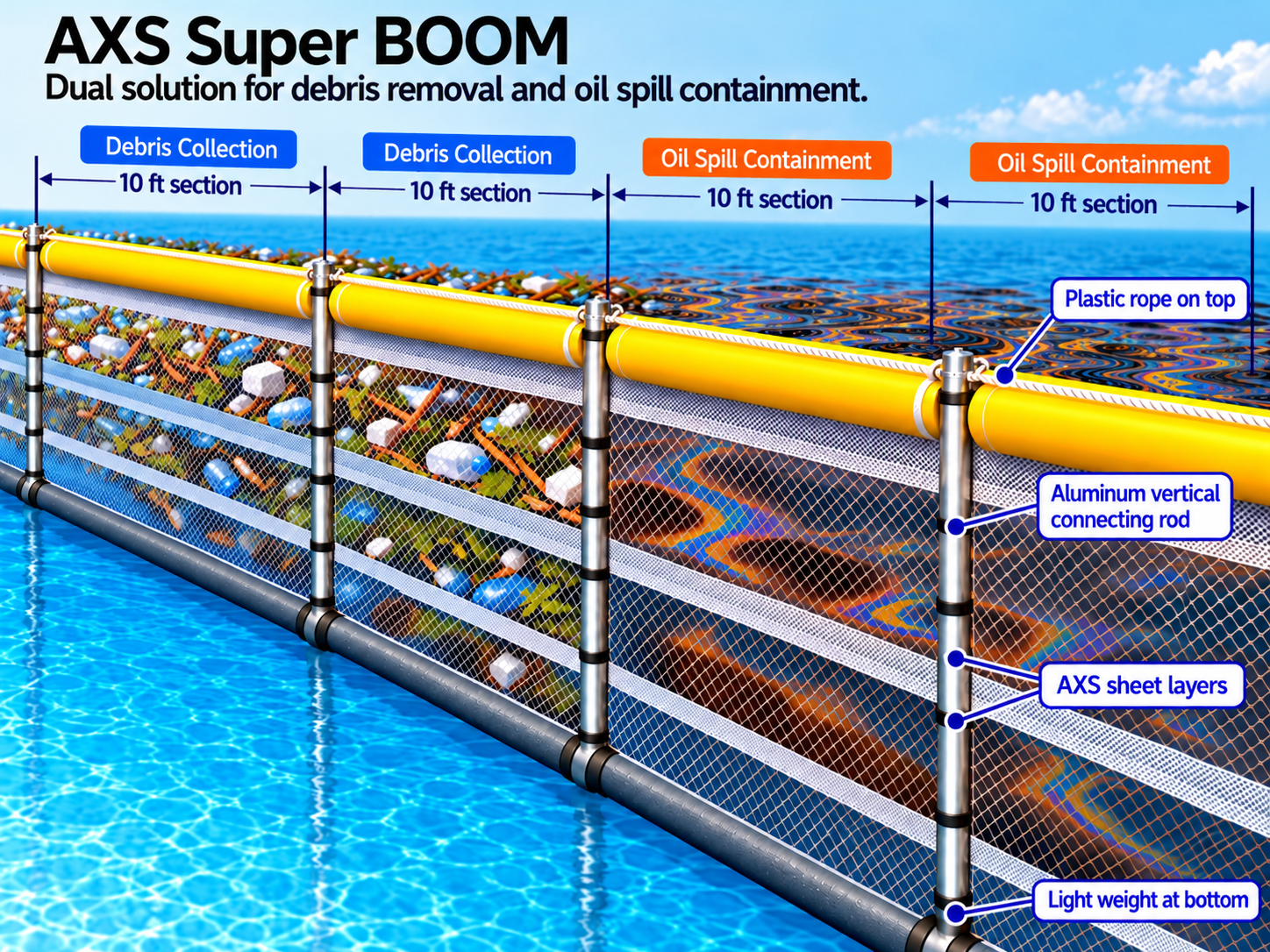 AXS Super BOOM showing debris collection and oil containment on the same side of the intact mesh barrier