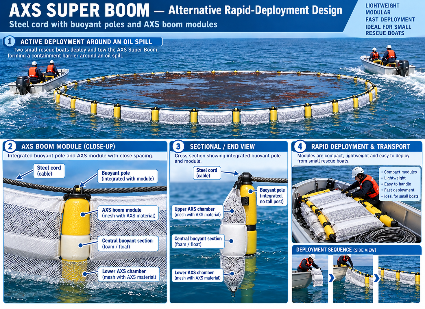 Updated alternative AXS Super BOOM deployment: buoyant poles integrated with closely spaced AXS bags, steel cord, two rescue boats, module details and transport sequence