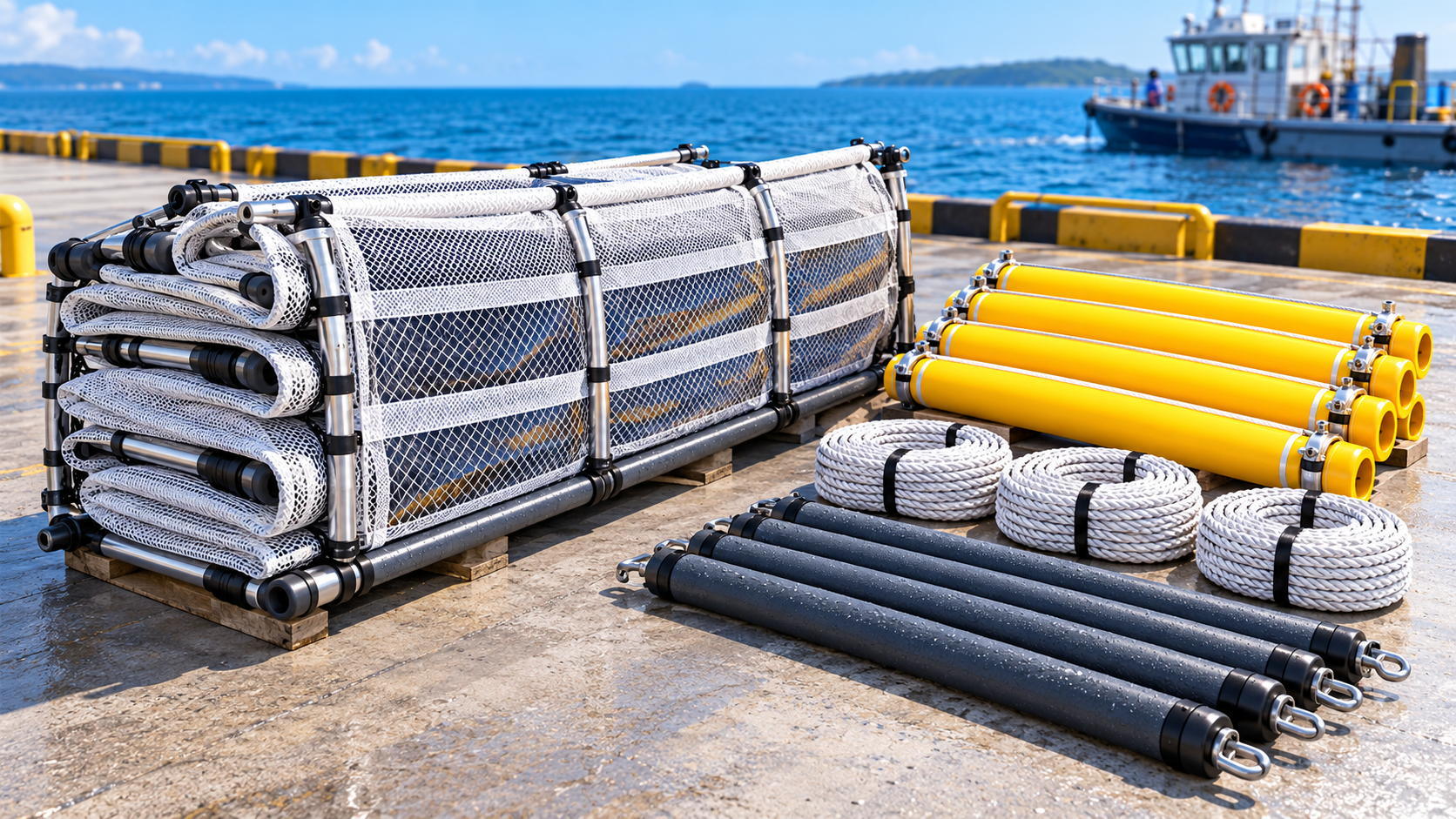 Illustration of the folded AXS Super BOOM with separate yellow top floaters, coiled polypropylene ropes and bottom weights ready for fitting before deployment