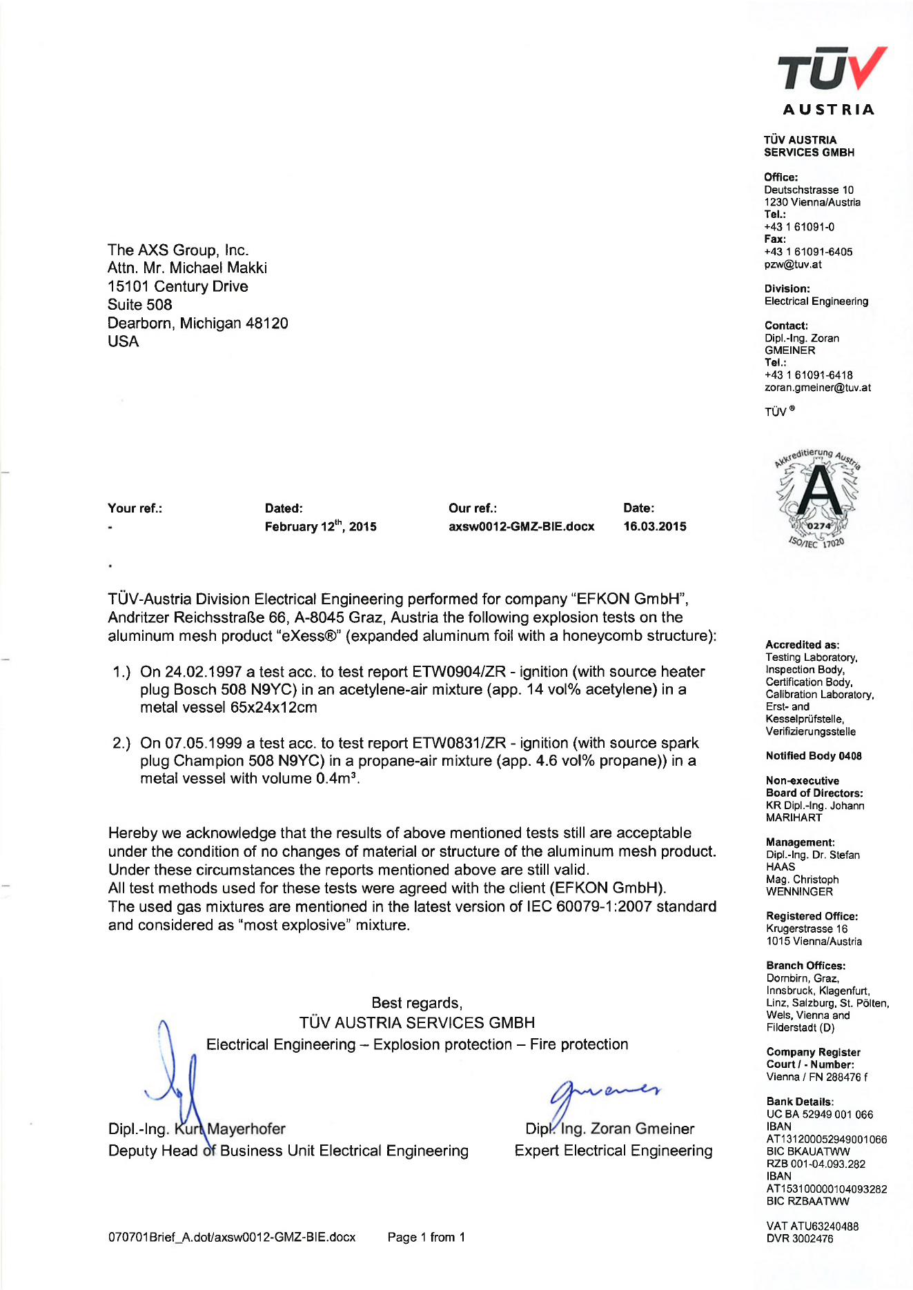 TÜV Austria letter dated 16 March 2015 addressed to The AXS Group, Inc., attention Michael Makki